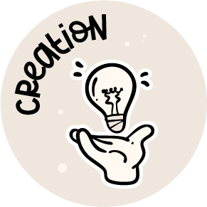 Creation icon featuring a hand holding a glowing lightbulb, symbolizing fresh ideas, innovation, and creative processes at Farbenwesen Studio.