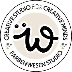 Farbenwesen Studio logo with playful hand-drawn initials ‘FW’, surrounded by the tagline ‘Creative Studio for Creative Minds’ in a circular design.