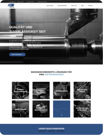 Screenshot of the Dirk Falkenroth website, featuring high-precision CNC machining solutions with a focus on reliability and quality.