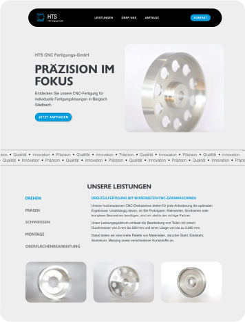 Screenshot of the HTS CNC website, showcasing precision CNC manufacturing solutions in Bergisch Gladbach.