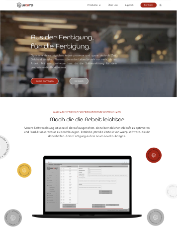 Screenshot of the waerp.software website showcasing manufacturing optimization tools and a software interface on a laptop.
