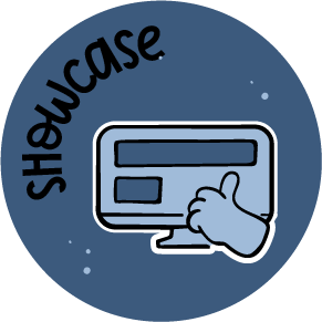 Showcase icon representing a website screen with a thumbs-up symbol, highlighting featured creative projects.