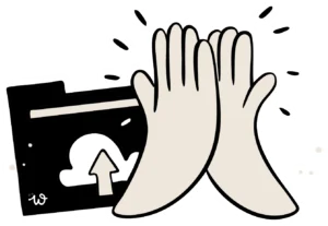 Illustration of a high-five gesture with a beige color scheme, featuring a folder with an upload icon.