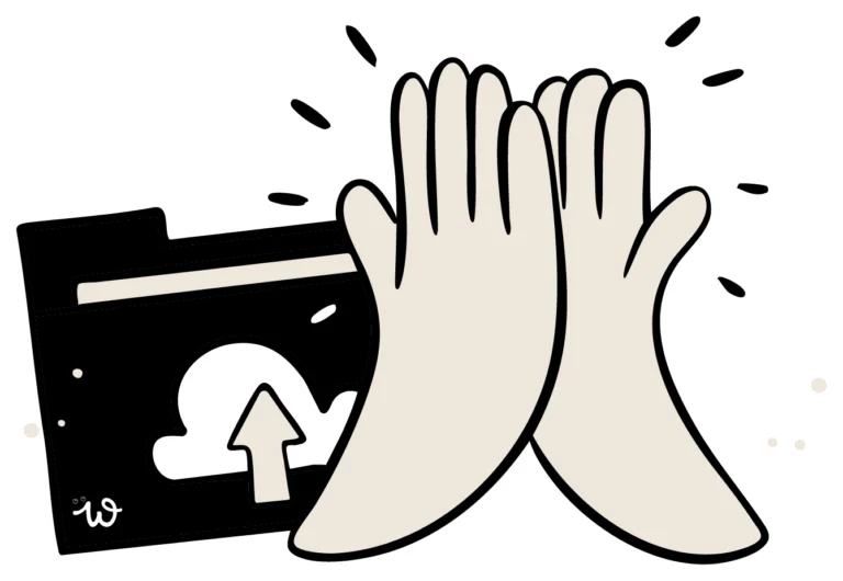 Illustration of a high-five gesture with a beige color scheme, featuring a folder with an upload icon.
