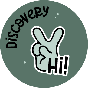 Discovery icon featuring a peace sign hand gesture and the word ‘Hi!’, symbolizing welcoming new ideas and creative exploration.