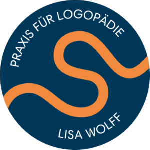 Lisa Wolff Speech Therapy submark logo, featuring a circular design with a stylized wave-like symbol in orange on a dark blue background.