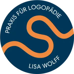 Lisa Wolff Speech Therapy submark logo, featuring a circular design with a stylized wave-like symbol in orange on a dark blue background.