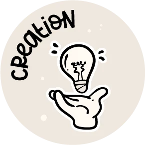 Creation Icon – Ideas & Innovation Creation icon featuring a hand holding a glowing lightbulb, symbolizing fresh ideas, innovation, and creative processes at Farbenwesen Studio.