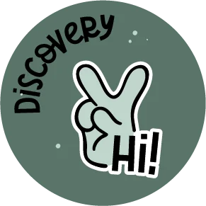 Discovery Icon – About Me Section Discovery icon featuring a peace sign hand gesture and the word ‘Hi!’, symbolizing welcoming new ideas and creative exploration.